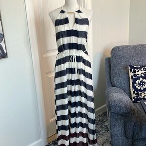 Striped Halter Maxi Dress - Blue and White and maroon